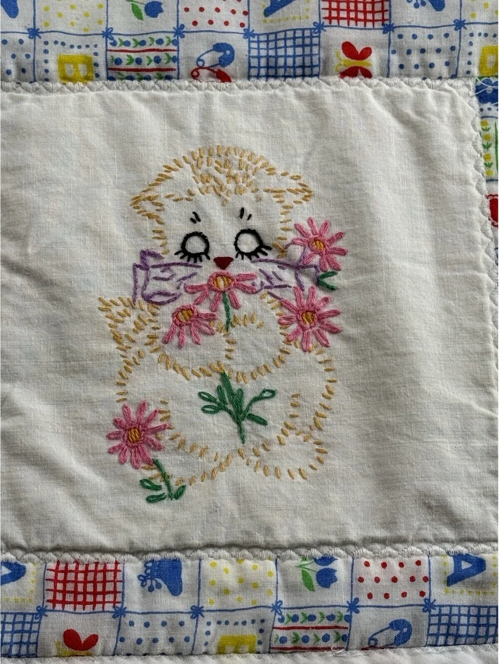 Vintage Handmade Baby Quilt Embroidered Kittens Cats Nursery 27x34 Patchwork